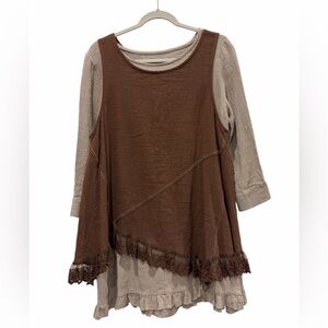Paisley Vine Renaissance Costume Brown & Taupe Layered Tunic Top Size Small